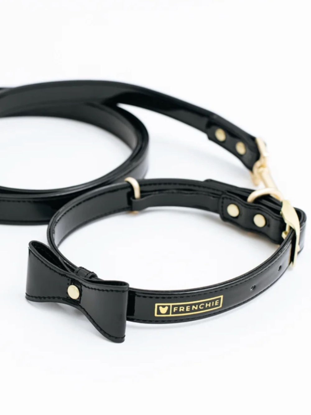 Frenchie Bulldog Vegan Leather Collar & Leash Set - Patent Leather